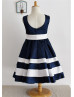 Navy Blue Ivory Satin Stripes Knee Length Flower Girl Dress